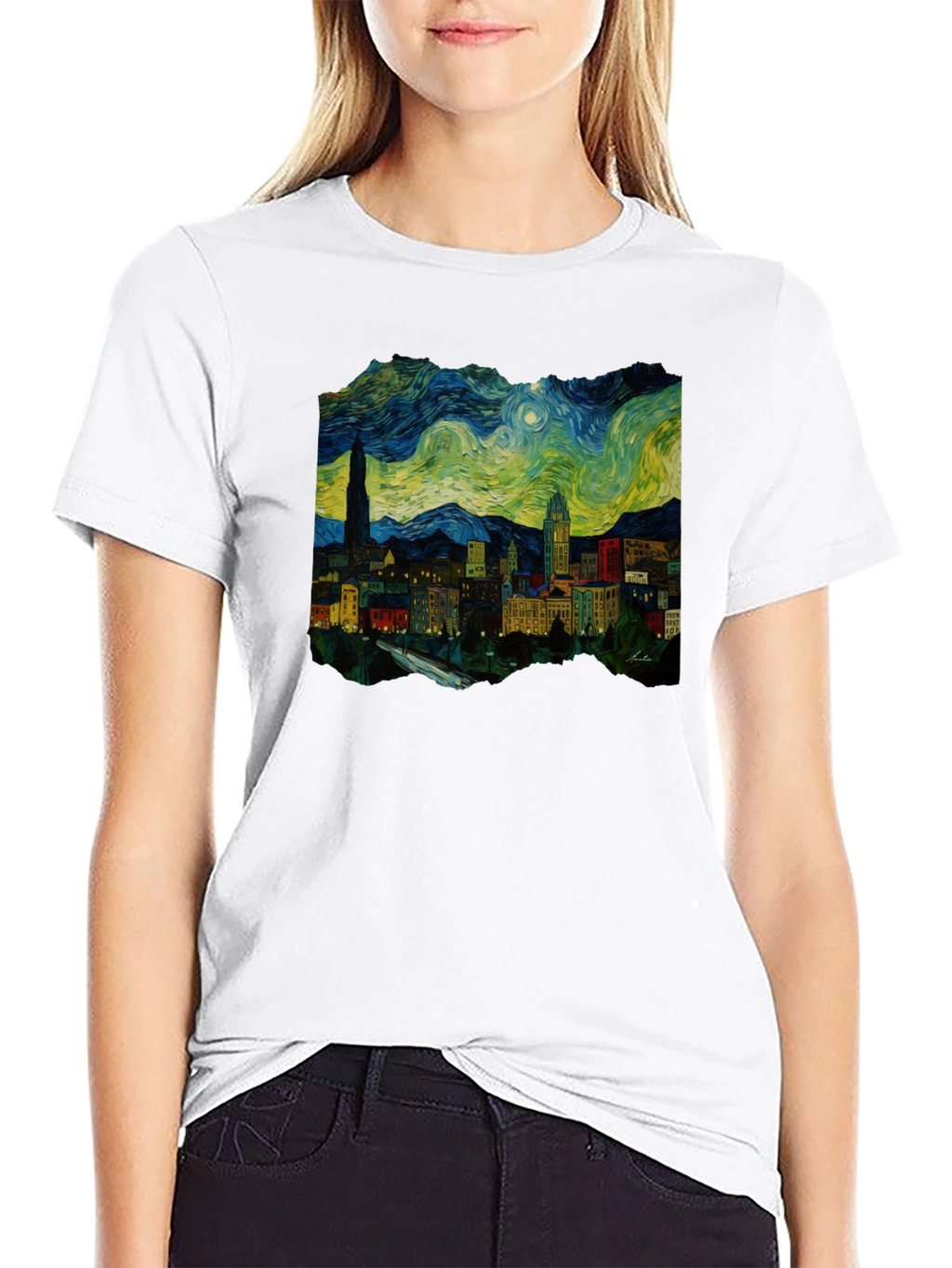 Starry Night Cityscape Black T-Shirt