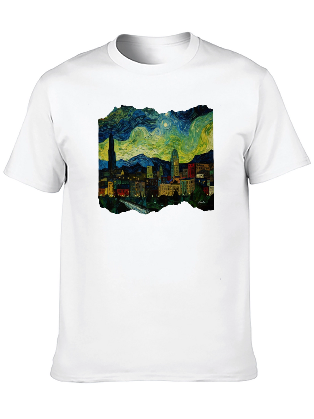 Starry Night Cityscape Black T-Shirt