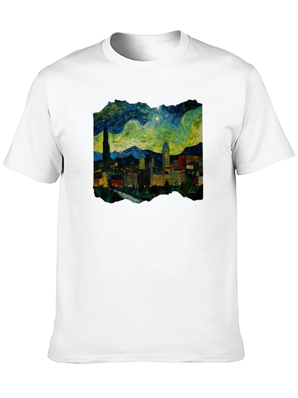Starry Night Cityscape Black T-Shirt