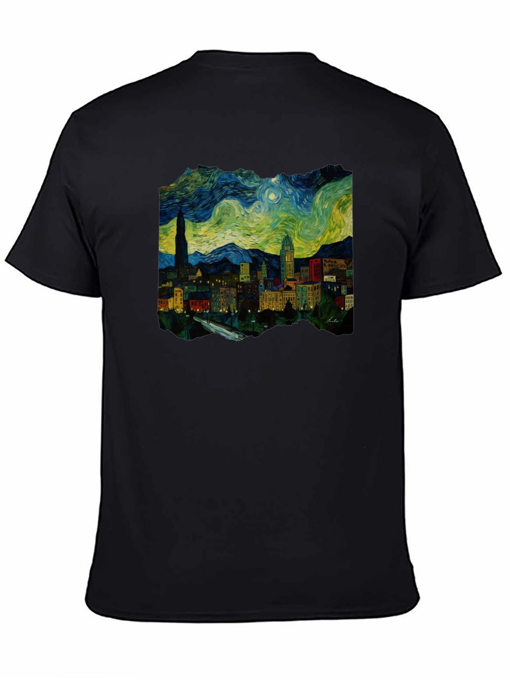 Starry Night Cityscape Black T-Shirt
