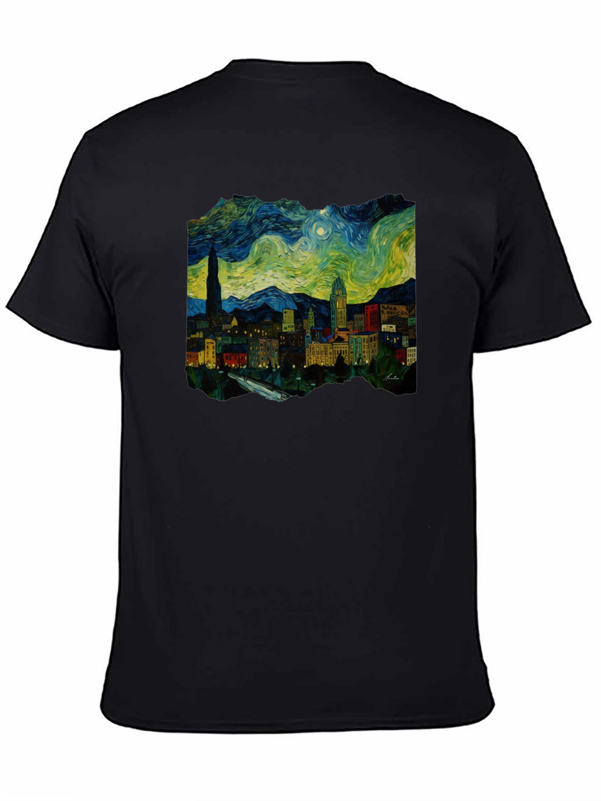 Starry Night Cityscape Black T-Shirt