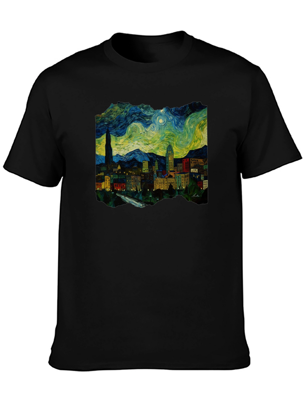 Starry Night Cityscape Black T-Shirt