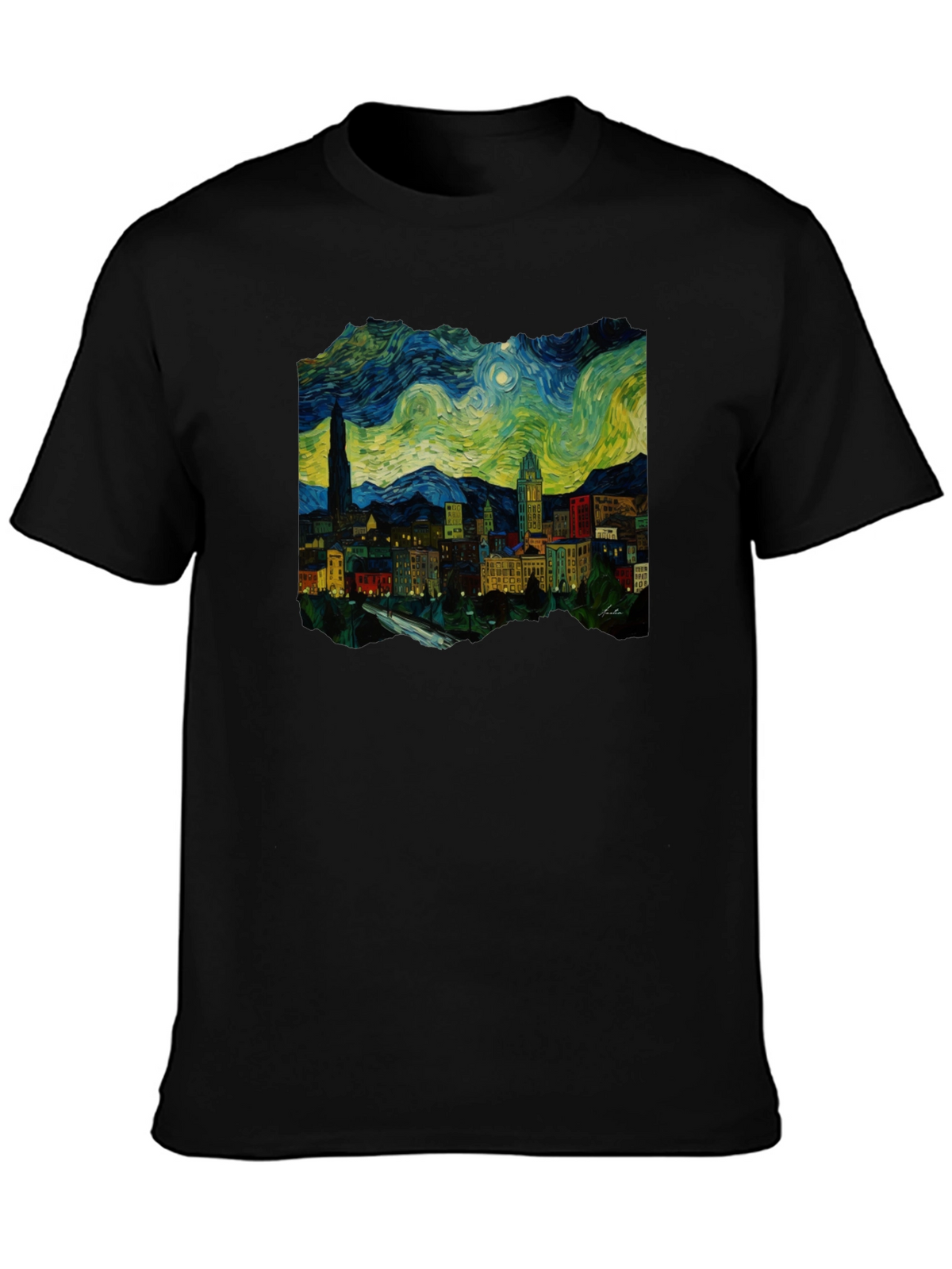 Starry Night Cityscape Black T-Shirt