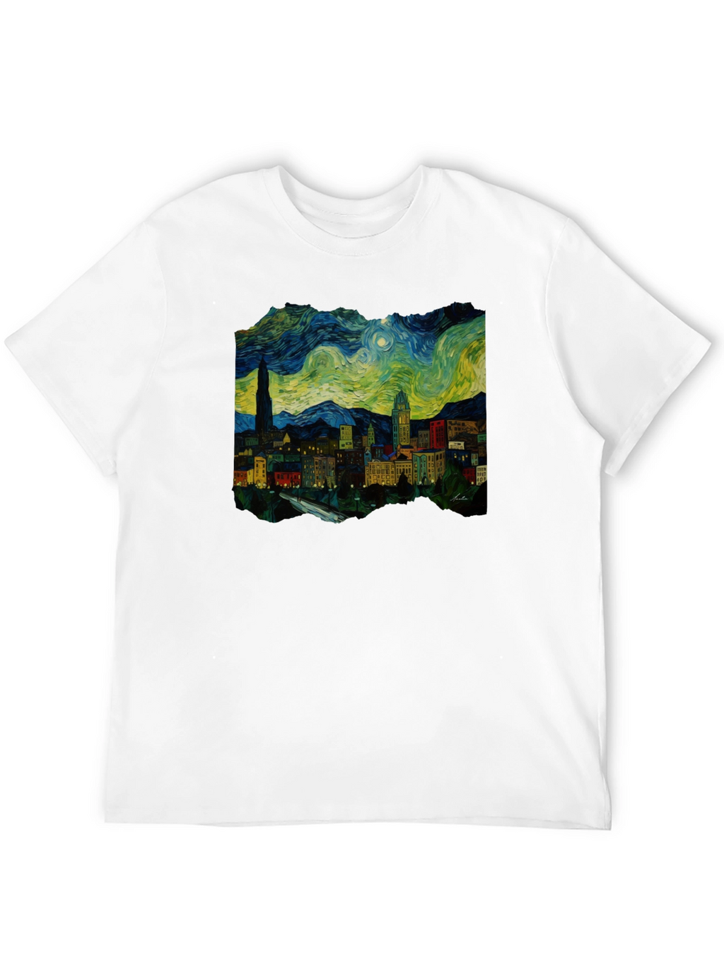 Starry Night Cityscape Black T-Shirt