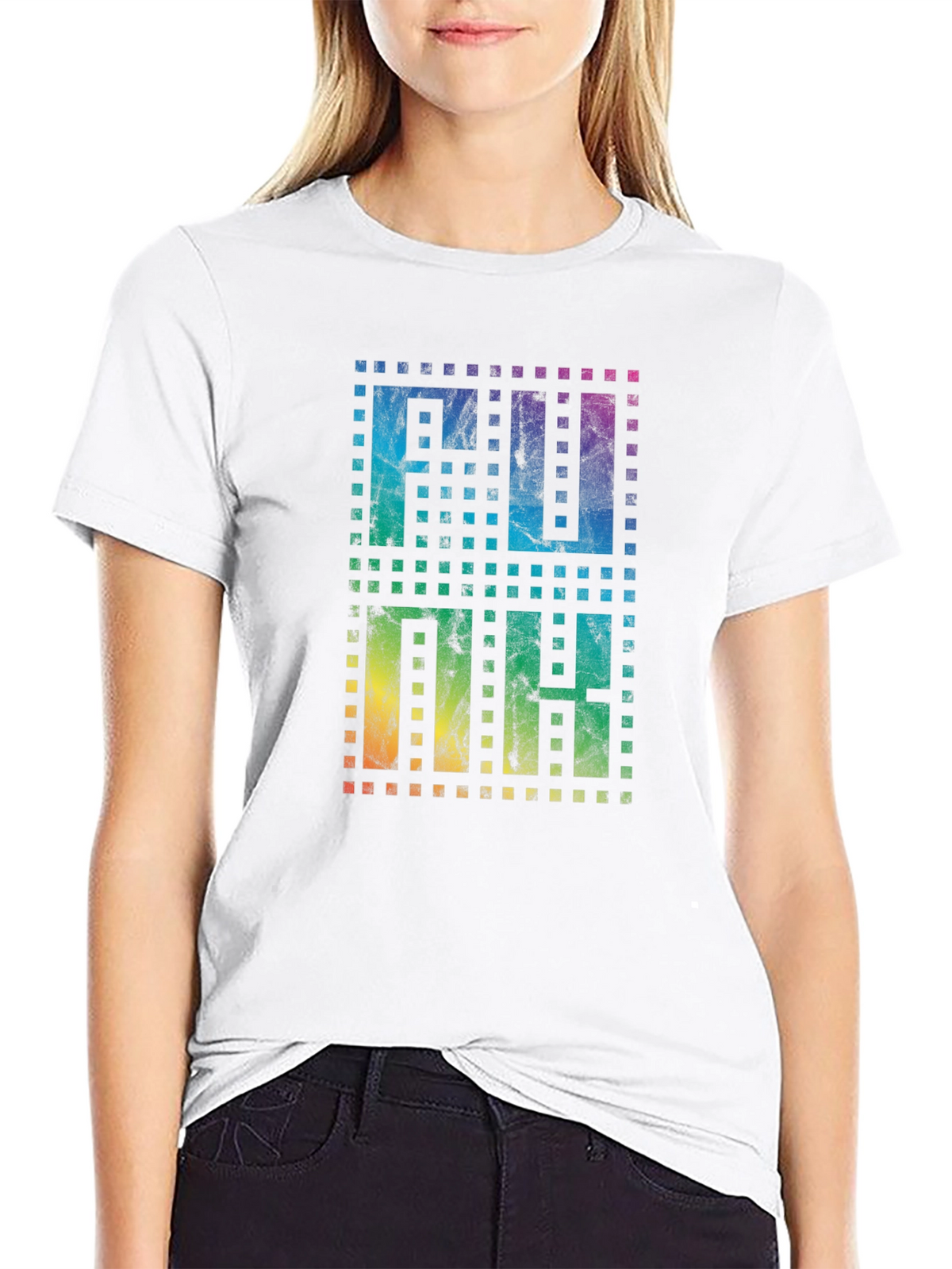 Retro Pixel Rainbow Text Black T-Shirt
