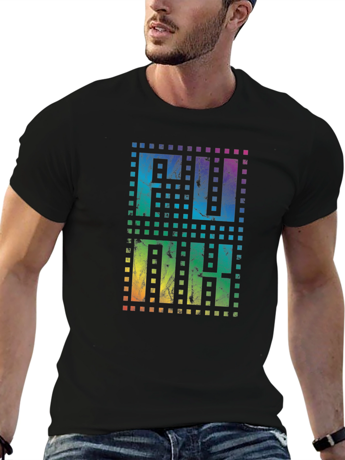 Retro Pixel Rainbow Text Black T-Shirt