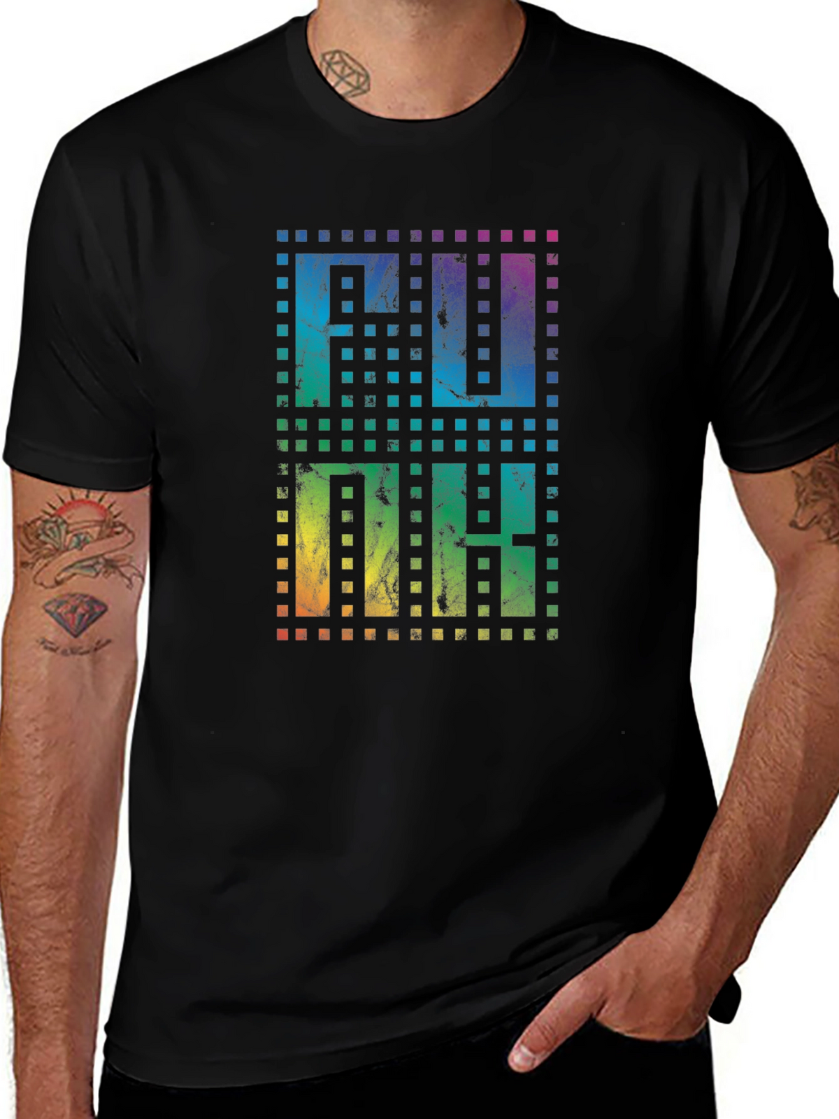 Retro Pixel Rainbow Text Black T-Shirt