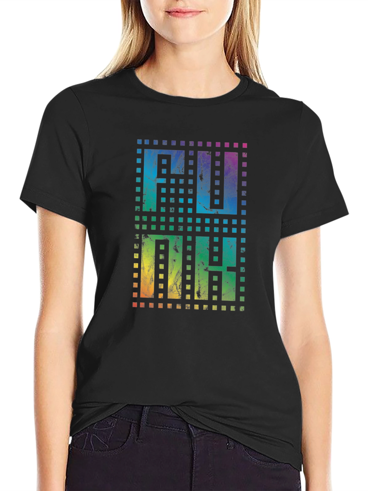 Retro Pixel Rainbow Text Black T-Shirt