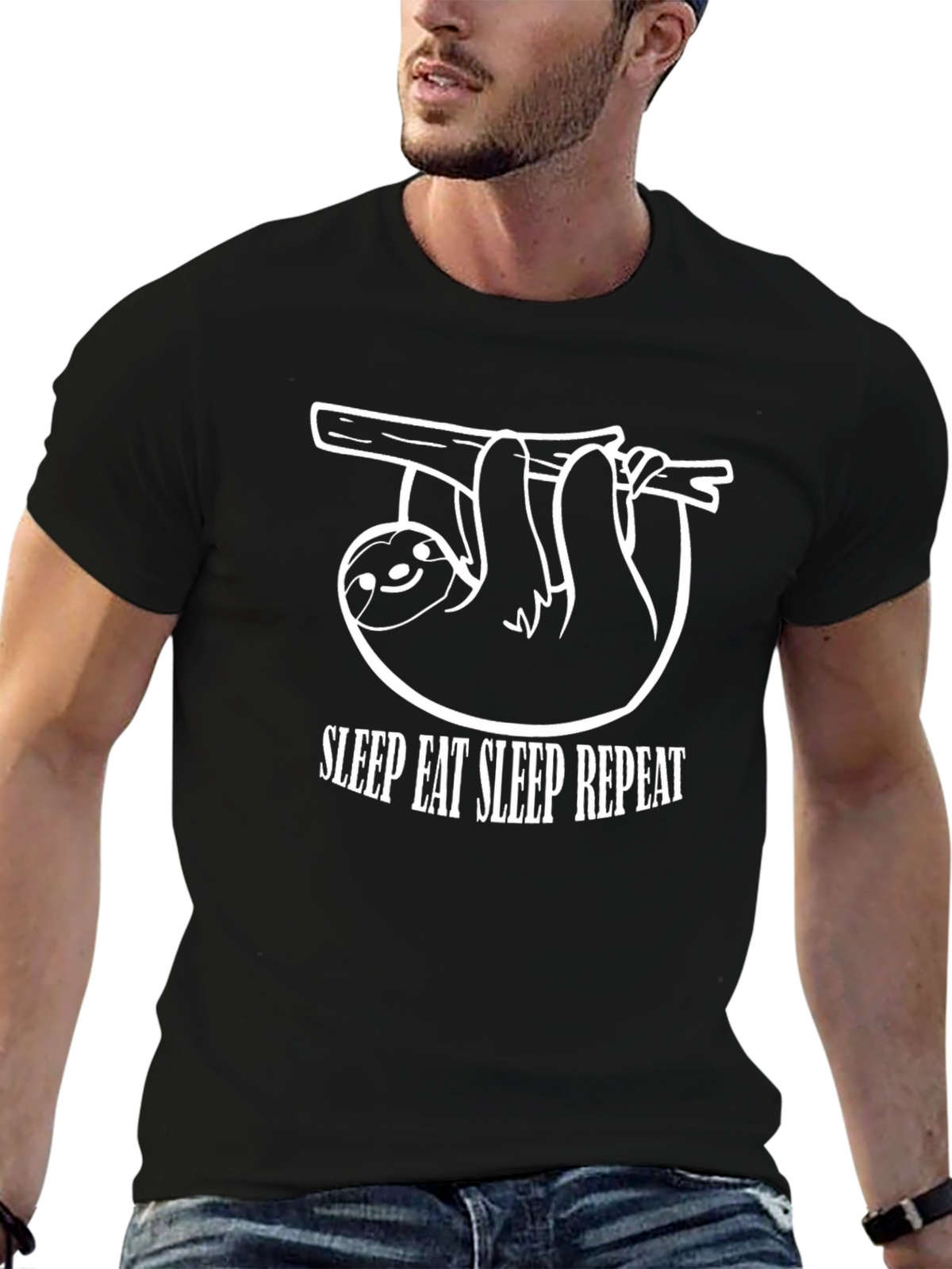 Sleep Eat Repeat Sloth Graphic Tee - Black