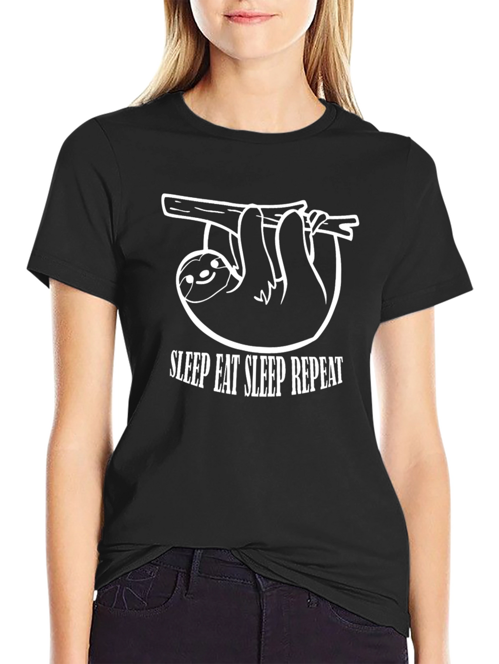Sleep Eat Repeat Sloth Graphic Tee - Black