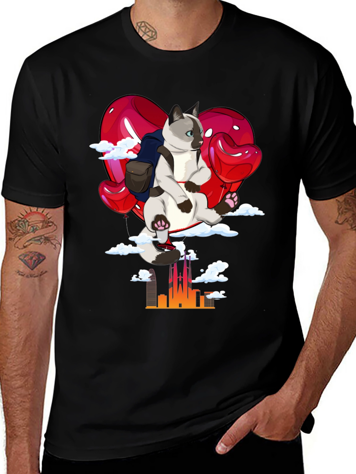 Cat Travel T-Shirt: Siamese on Balloon Adventure