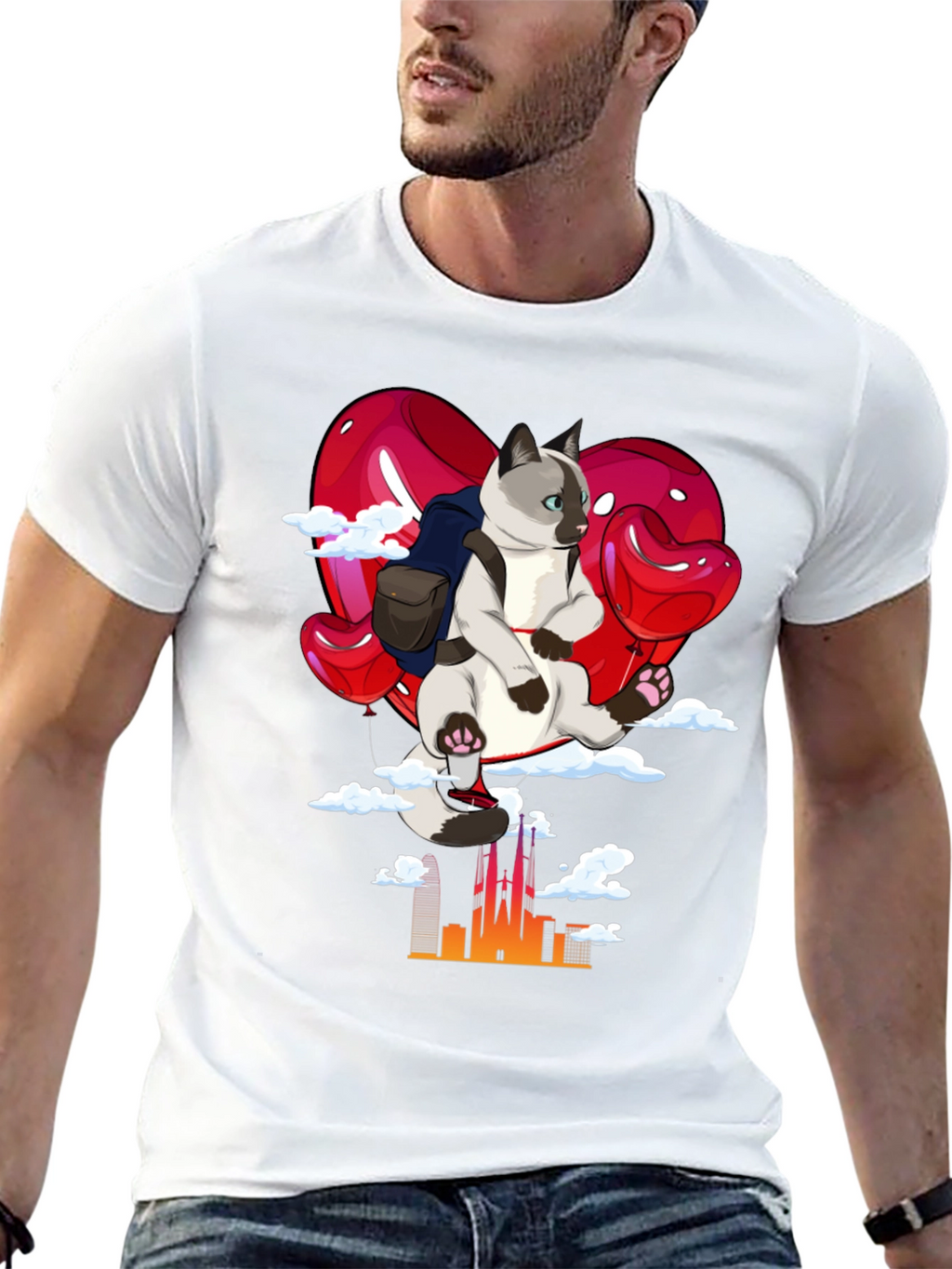 Cat Travel T-Shirt: Siamese on Balloon Adventure