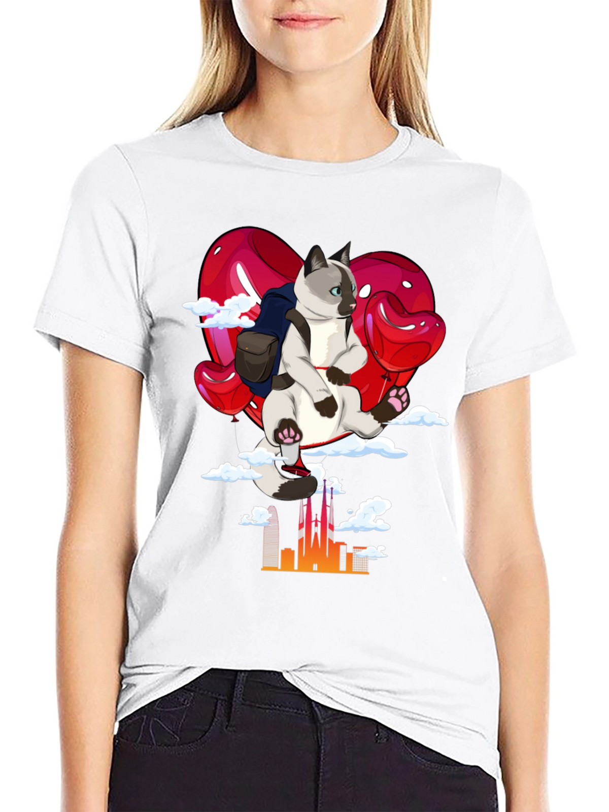 Cat Travel T-Shirt: Siamese on Balloon Adventure