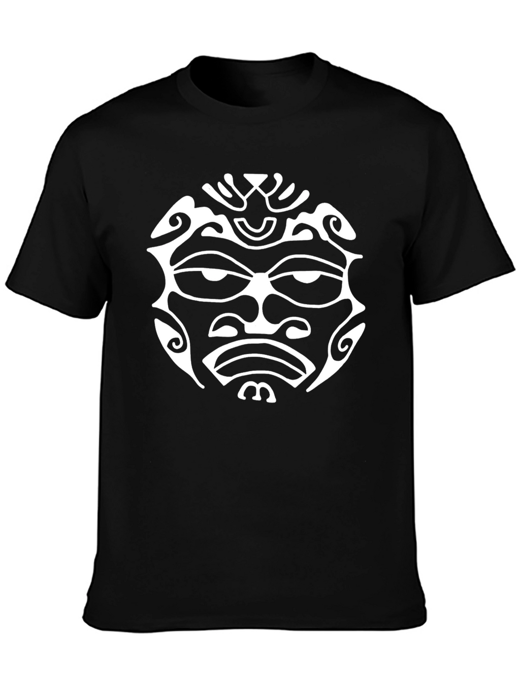 Tribal Face Graphic Tee - Bold Black Cotton T-Shirt