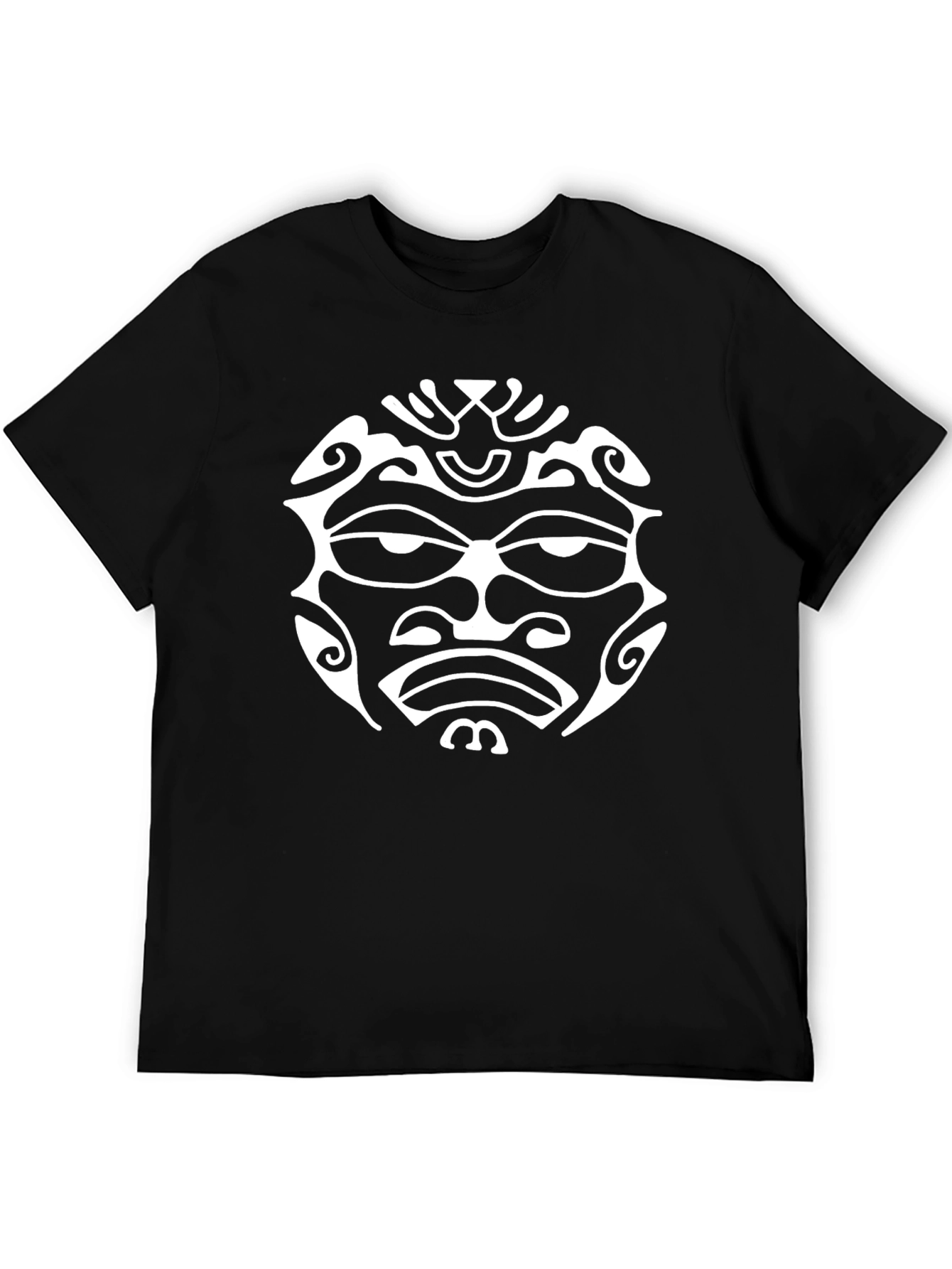 Tribal Face Graphic Tee - Bold Black Cotton T-Shirt