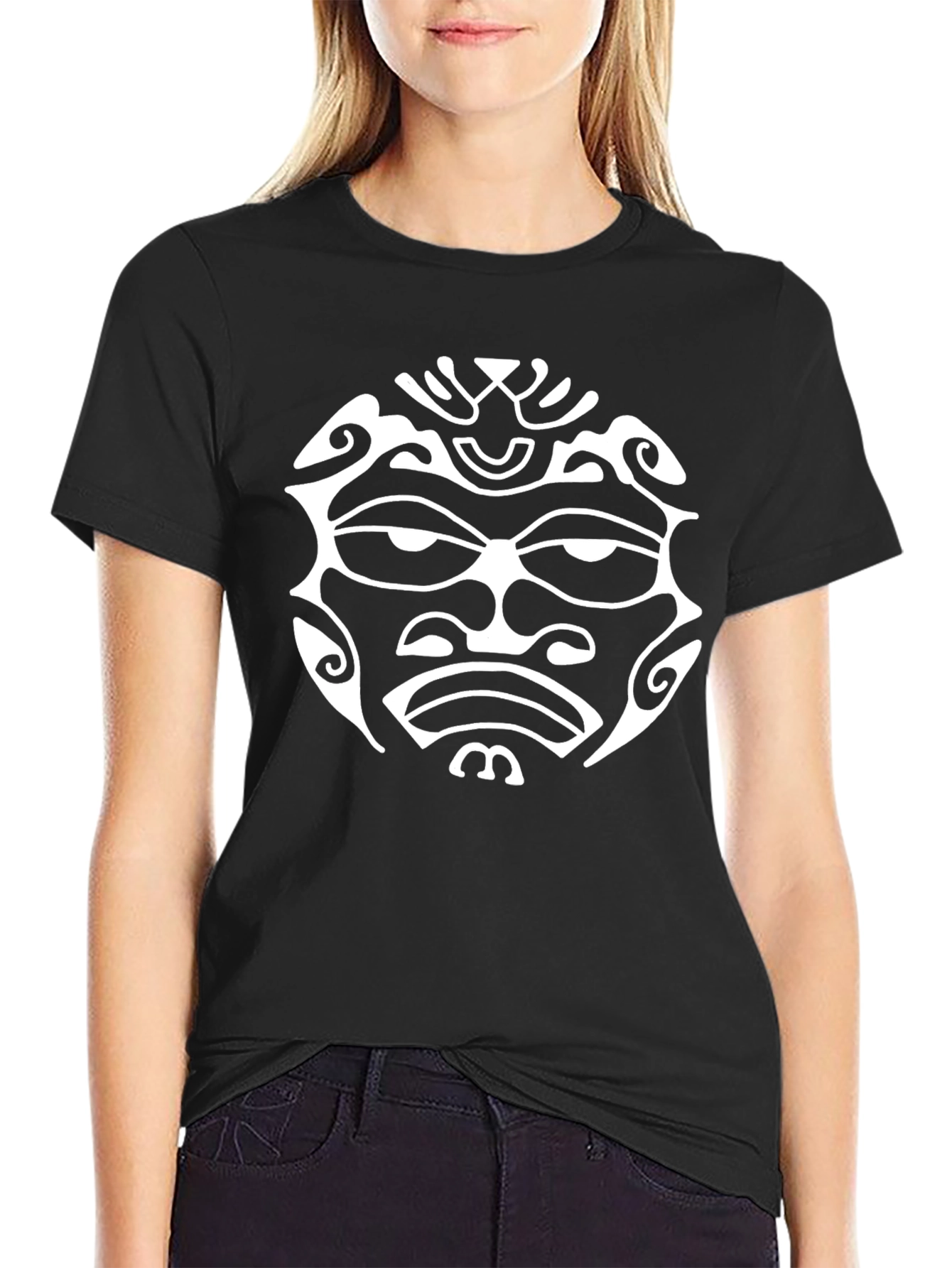 Tribal Face Graphic Tee - Bold Black Cotton T-Shirt