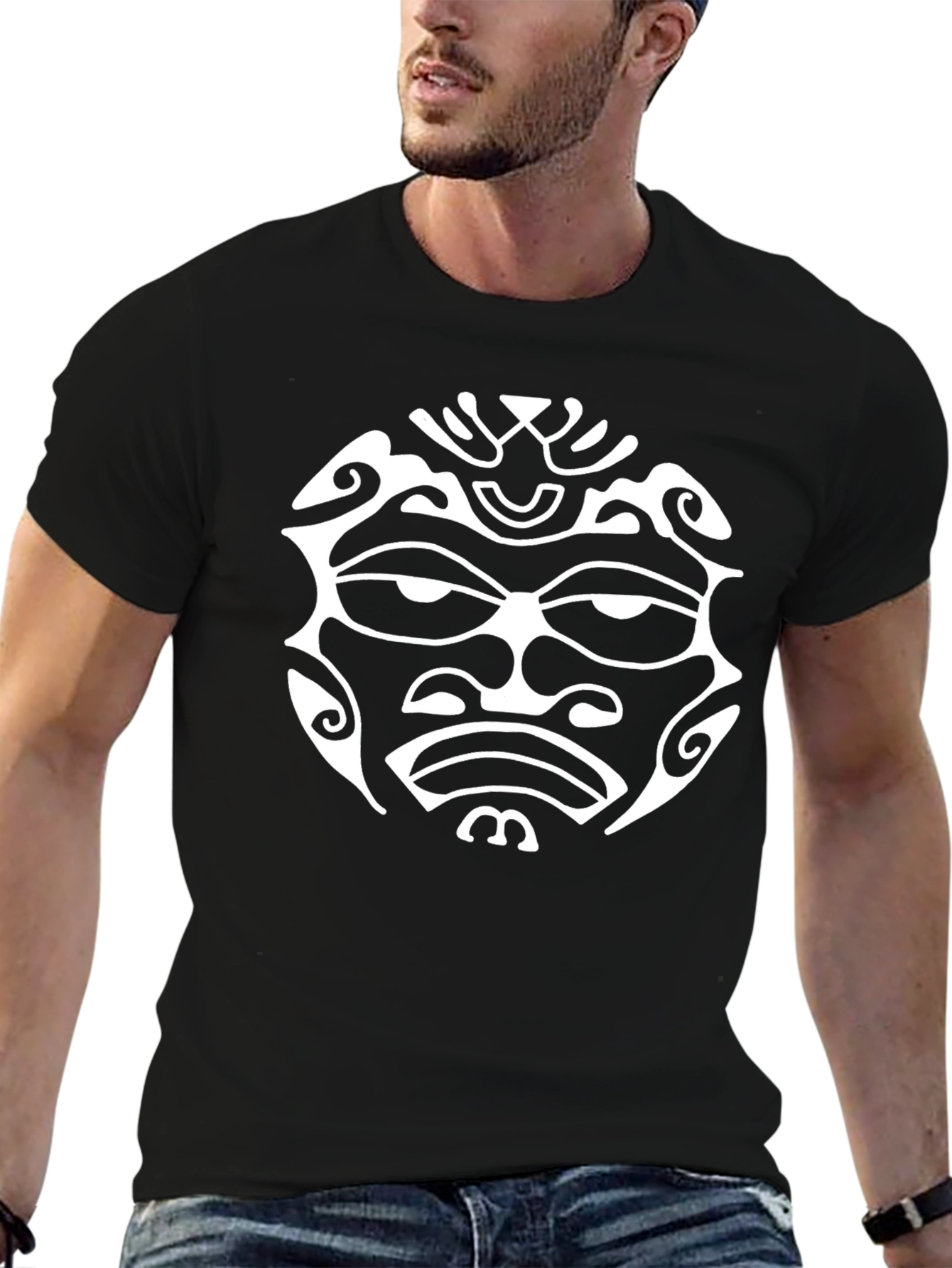 Tribal Face Graphic Tee - Bold Black Cotton T-Shirt