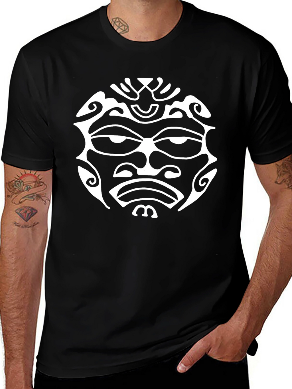 Tribal Face Graphic Tee - Bold Black Cotton T-Shirt