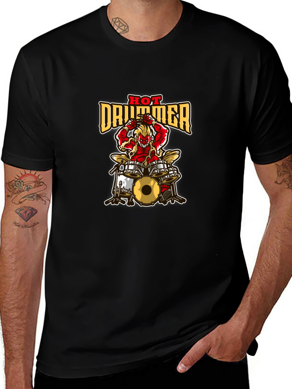 Hot Drummer Graphic Print Black T-Shirt
