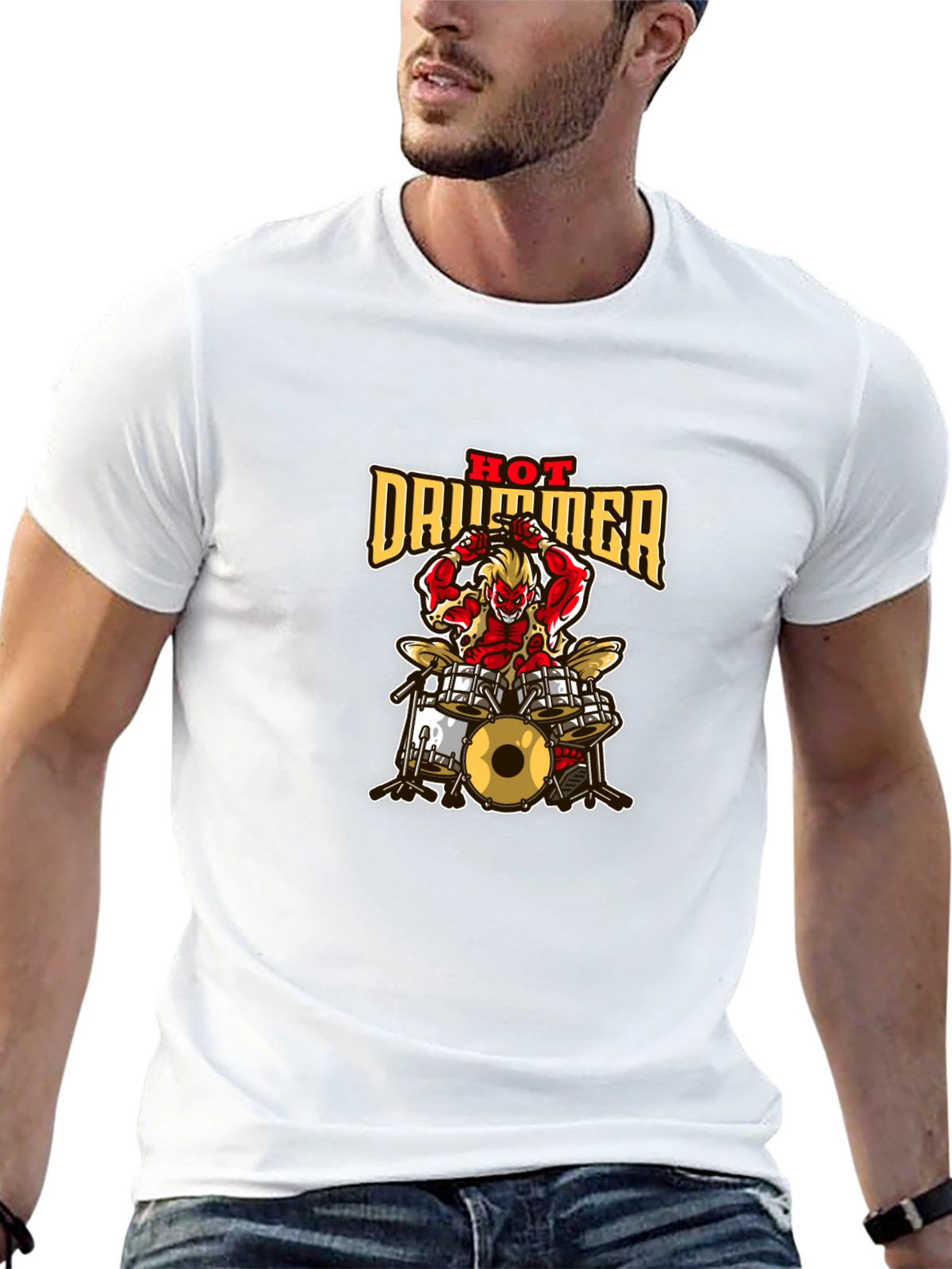 Hot Drummer Graphic Print Black T-Shirt