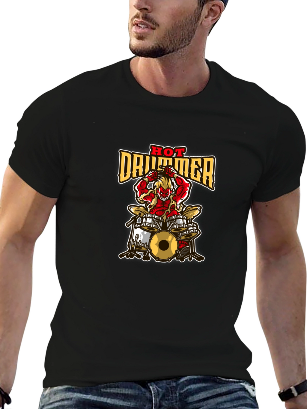 Hot Drummer Graphic Print Black T-Shirt