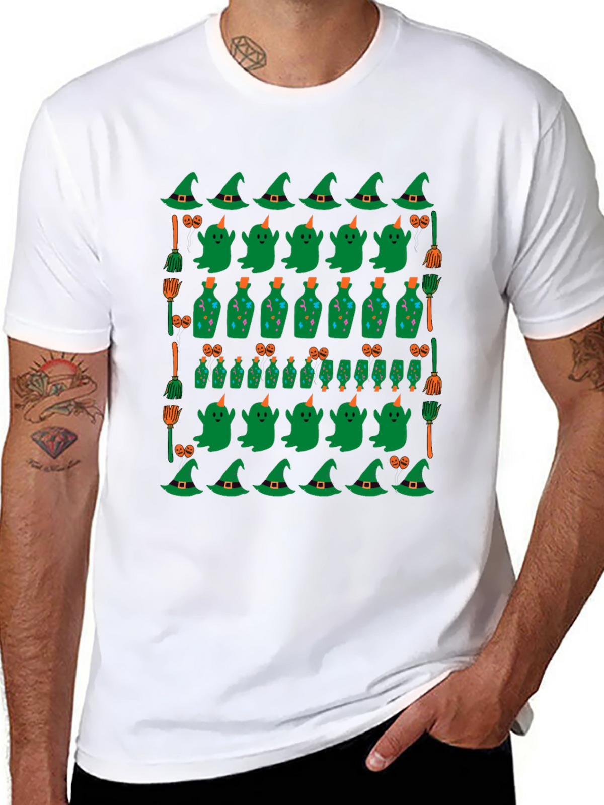 Halloween Pattern T-Shirt - Witch Ghost and Potion Design
