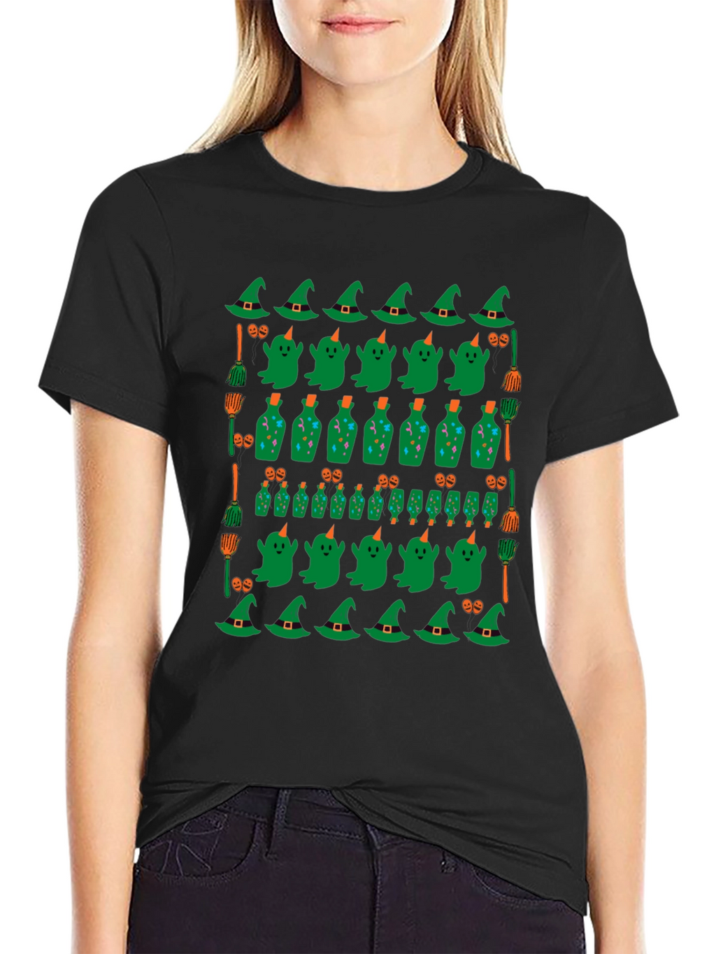 Halloween Pattern T-Shirt - Witch Ghost and Potion Design