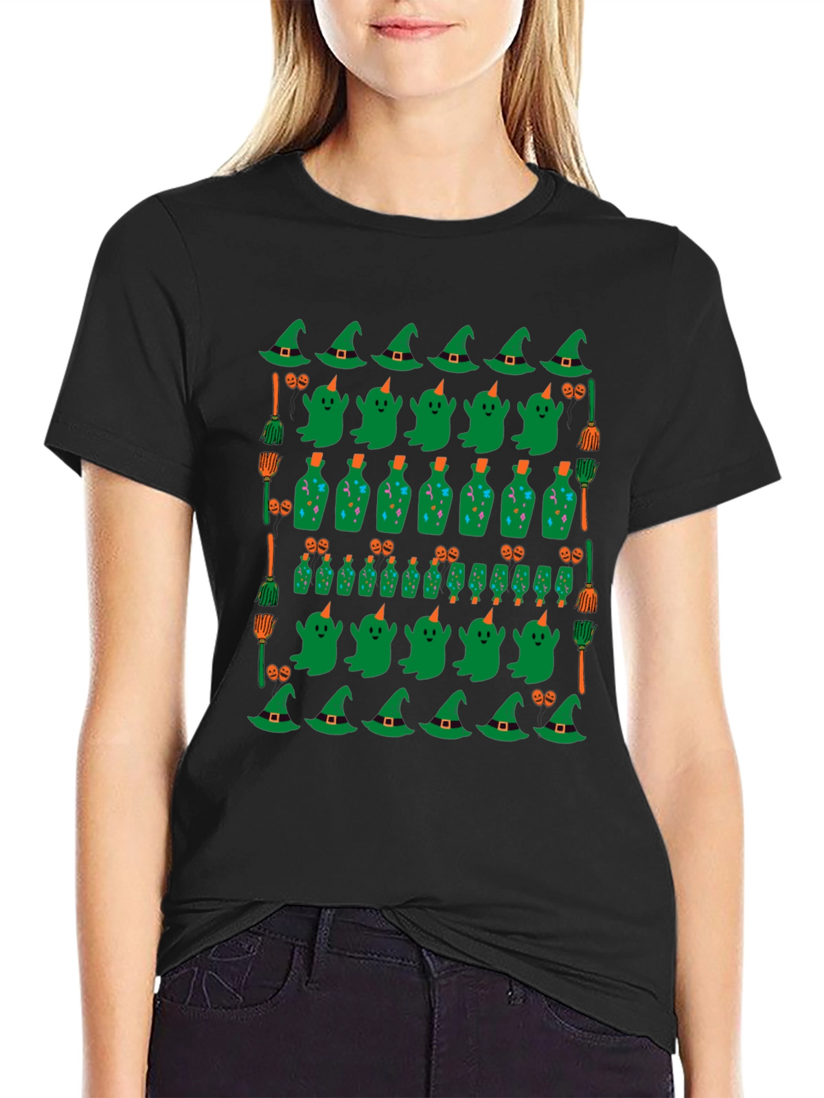 Halloween Pattern T-Shirt - Witch Ghost and Potion Design