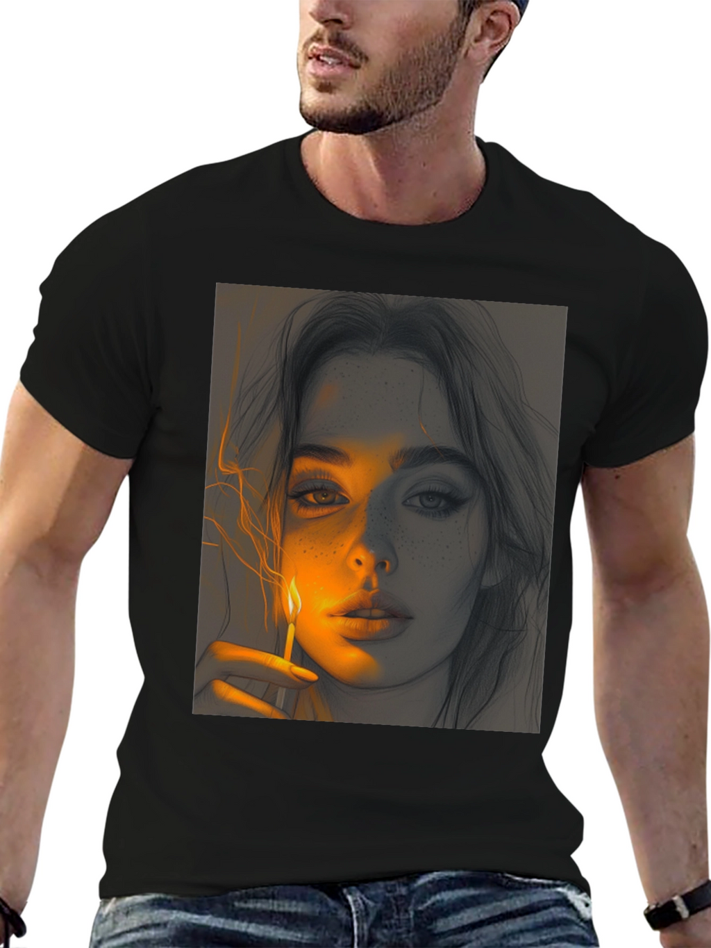 Artistic Portrait Graphic Tee - Soft Black Cotton