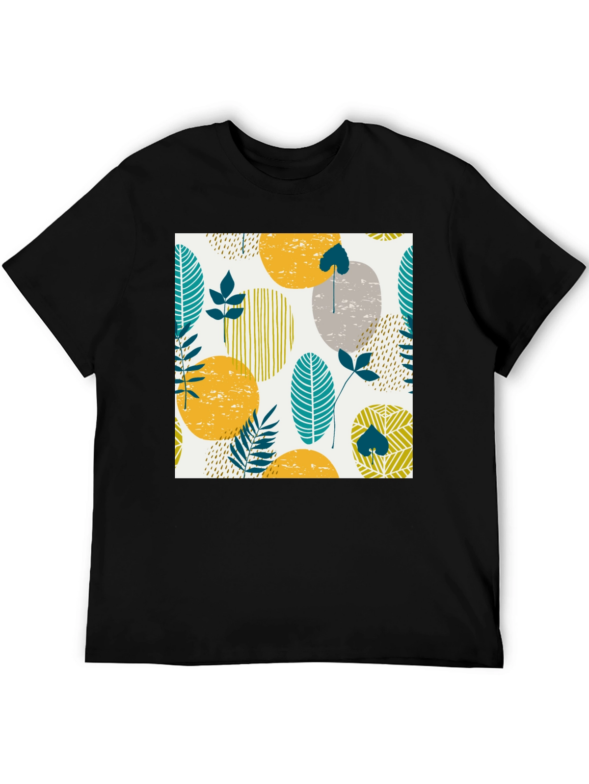 Modern Leaf Print Black T-Shirt