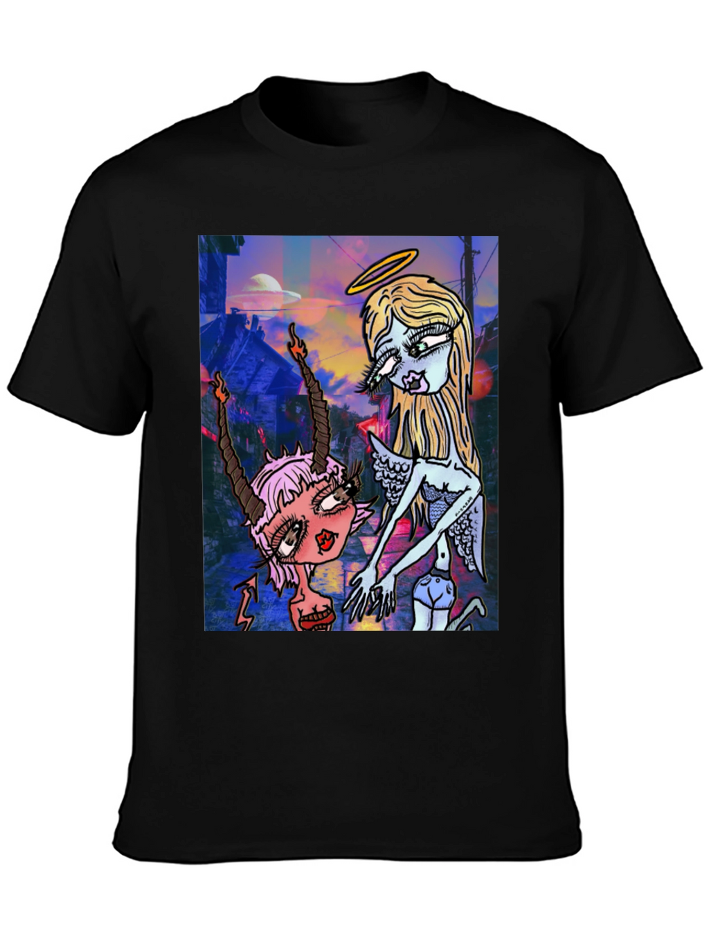 Angel and Devil Cartoon Graphic Black T-Shirt