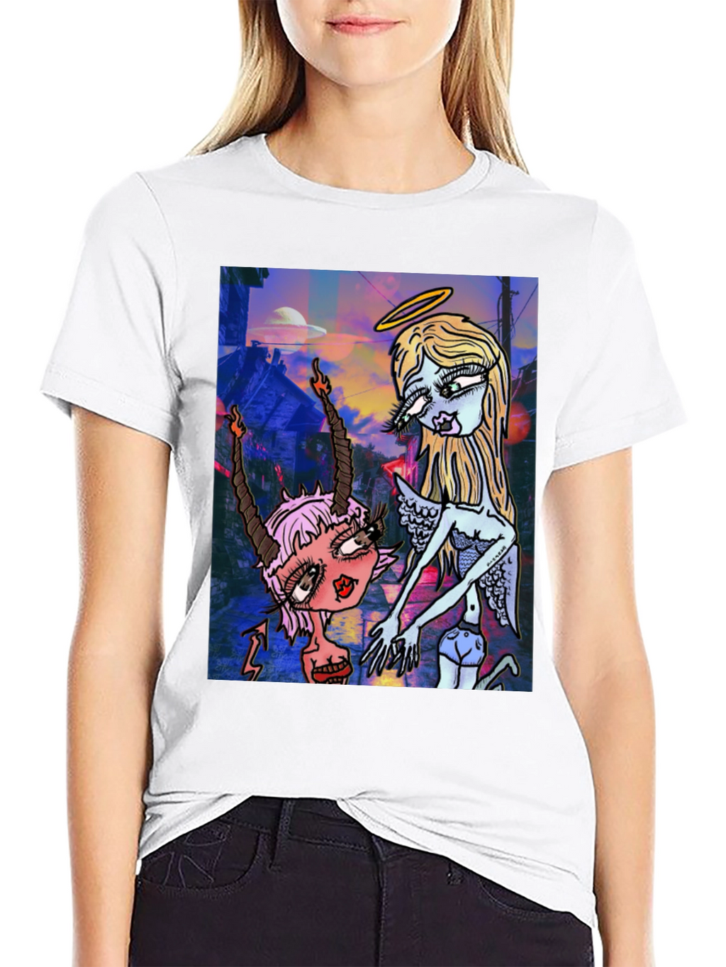 Angel and Devil Cartoon Graphic Black T-Shirt
