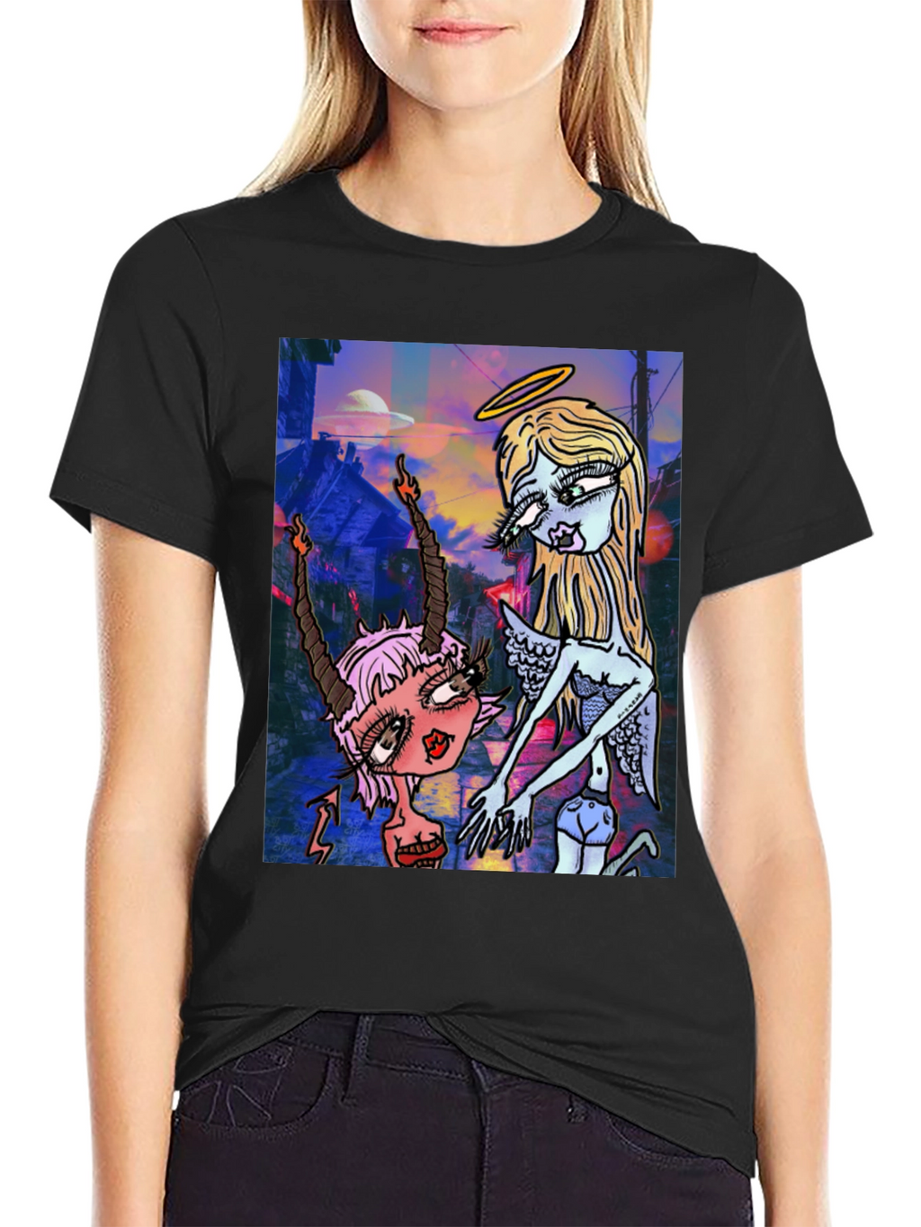 Angel and Devil Cartoon Graphic Black T-Shirt