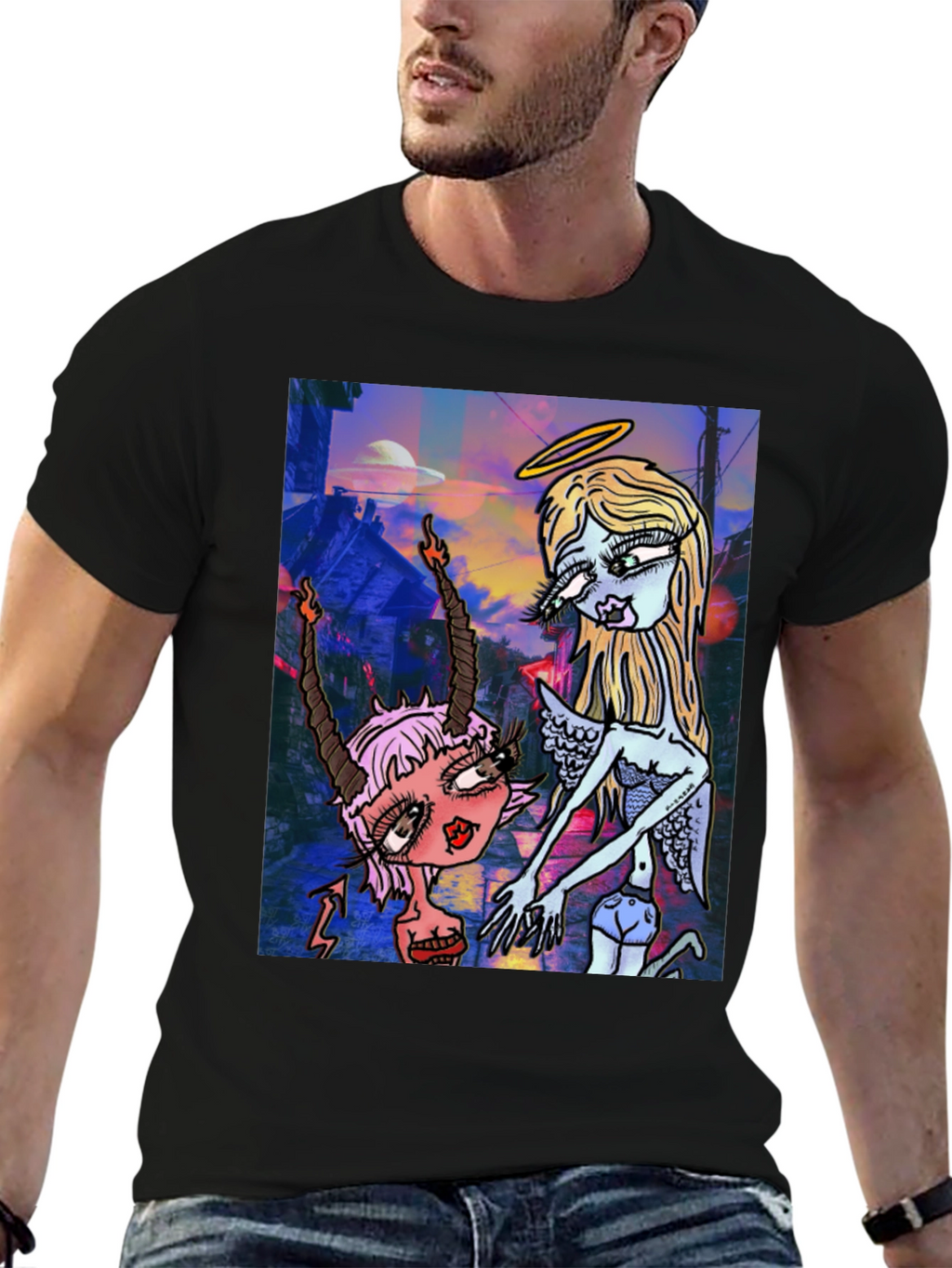 Angel and Devil Cartoon Graphic Black T-Shirt