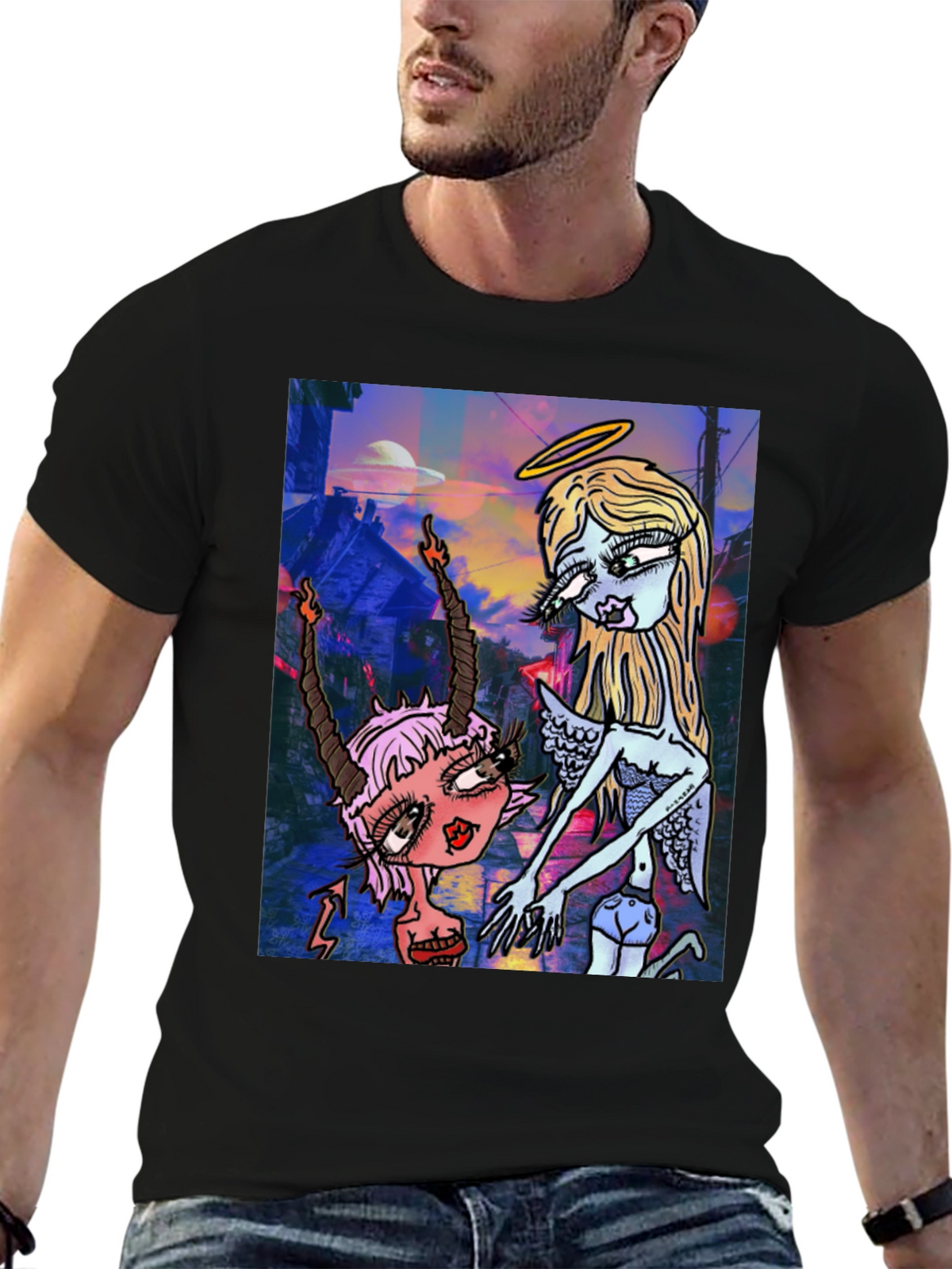 Angel and Devil Cartoon Graphic Black T-Shirt