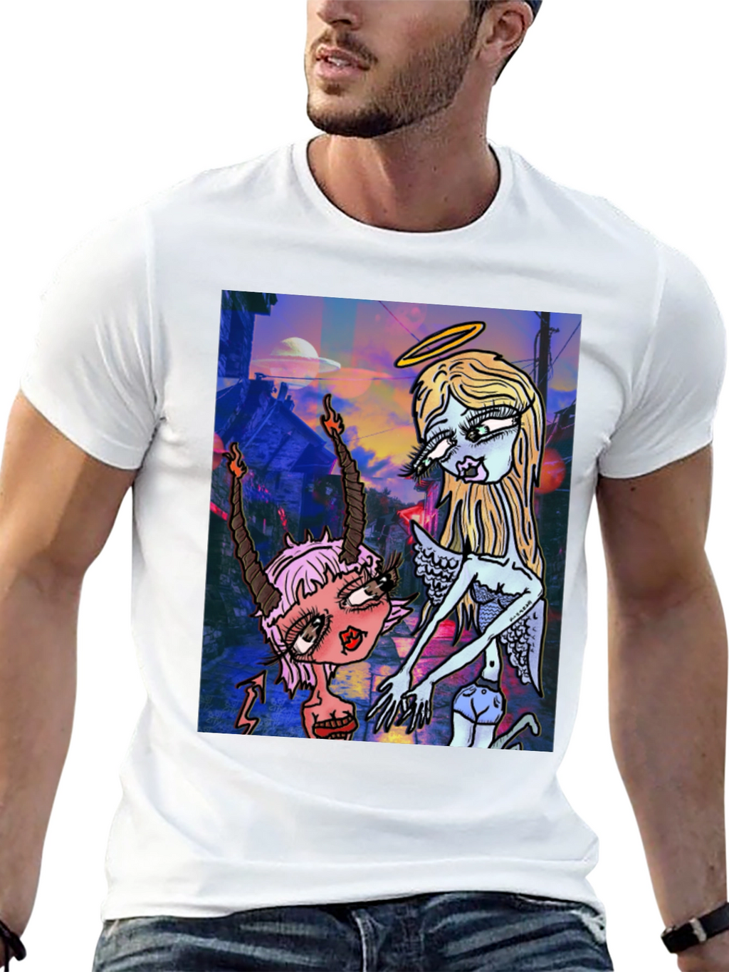 Angel and Devil Cartoon Graphic Black T-Shirt