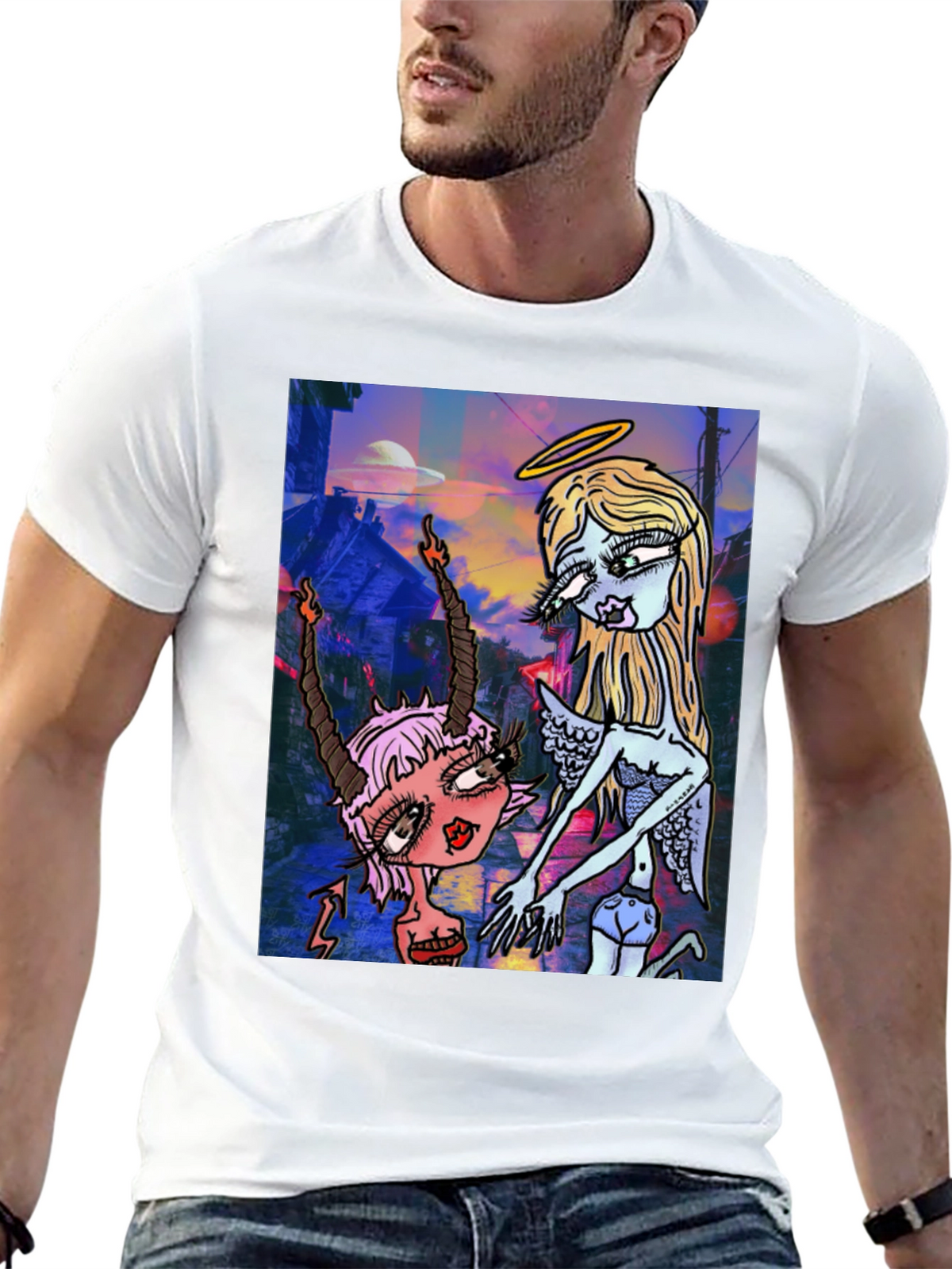 Angel and Devil Cartoon Graphic Black T-Shirt