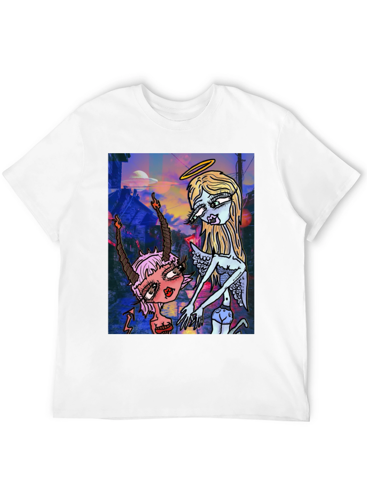 Angel and Devil Cartoon Graphic Black T-Shirt