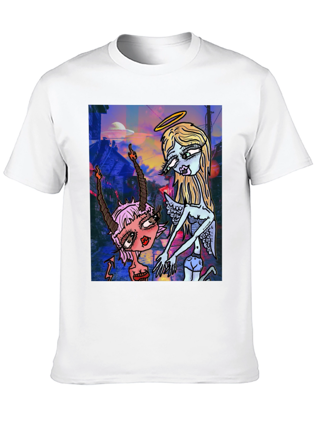 Angel and Devil Cartoon Graphic Black T-Shirt