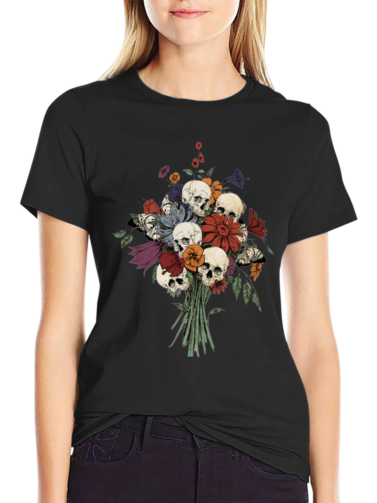 Skull & Flower Bouquet Black T-Shirt