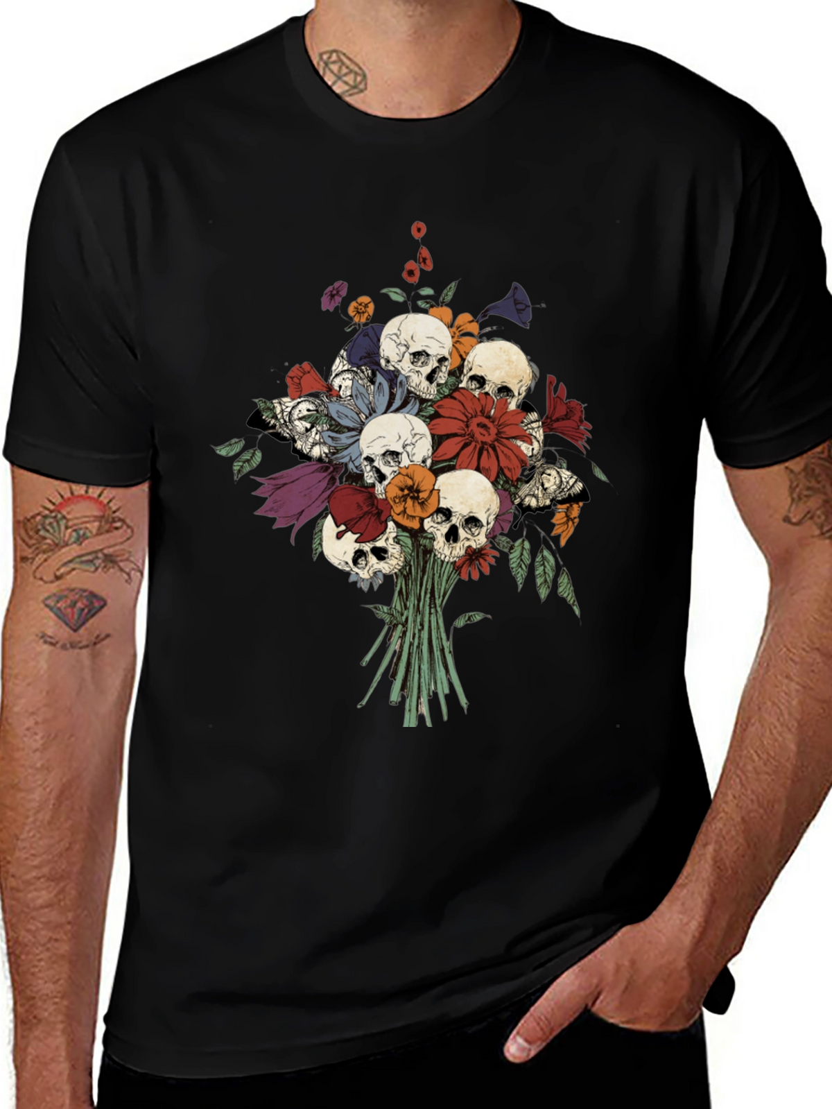 Skull & Flower Bouquet Black T-Shirt