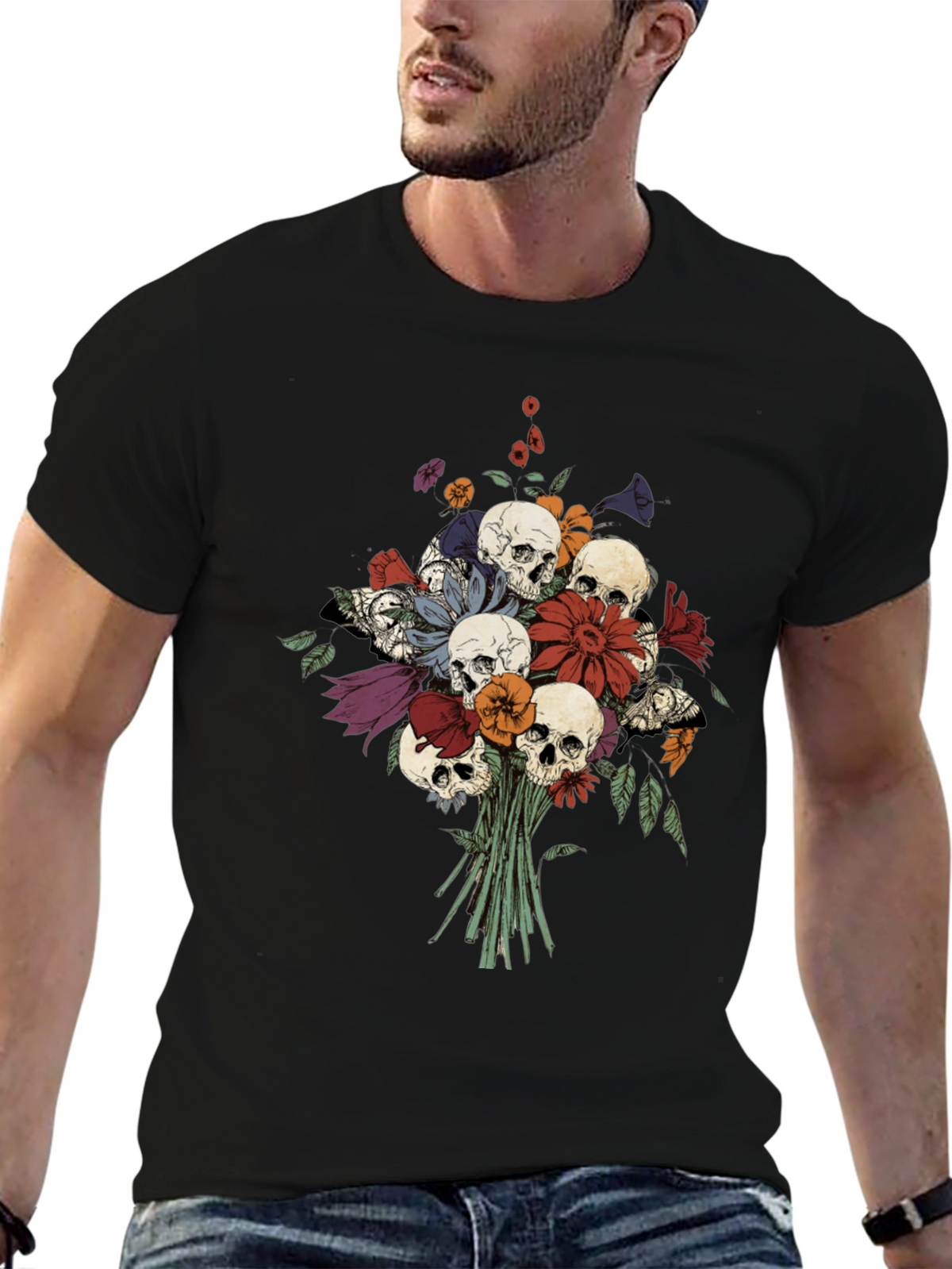 Skull & Flower Bouquet Black T-Shirt