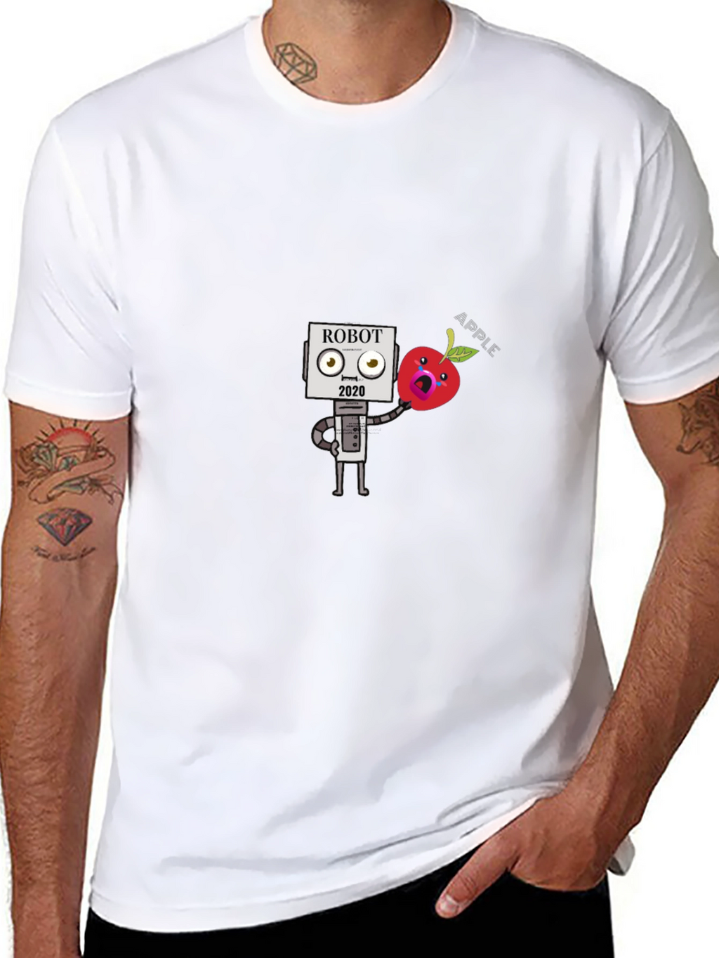Robot Apple Graphic Tee - Black Cotton T-Shirt