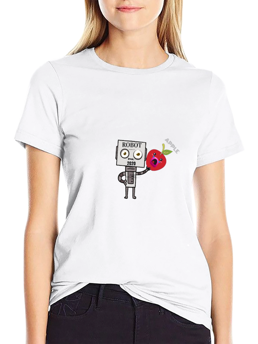 Robot Apple Graphic Tee - Black Cotton T-Shirt