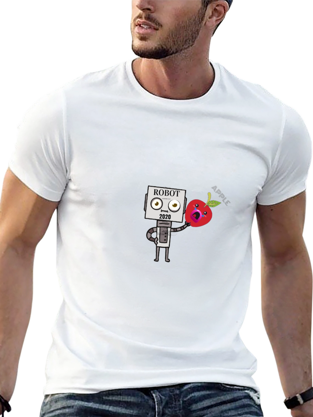 Robot Apple Graphic Tee - Black Cotton T-Shirt