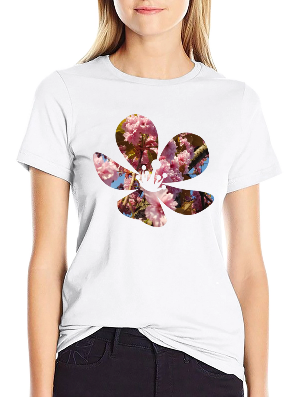 Blossom Print T-Shirt - Casual Black Tee