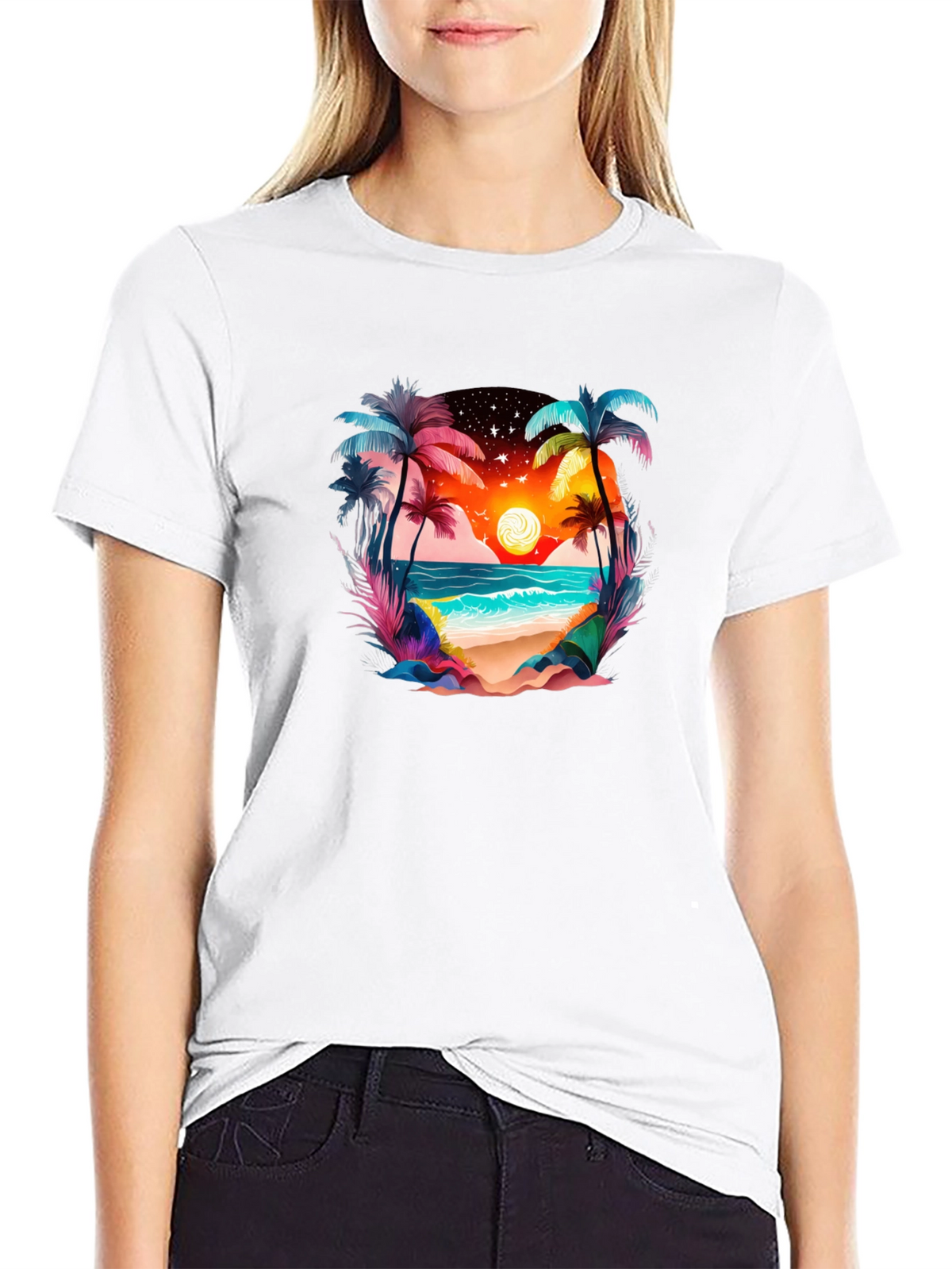 Tropical Beach Sunset Graphic Tee - Black