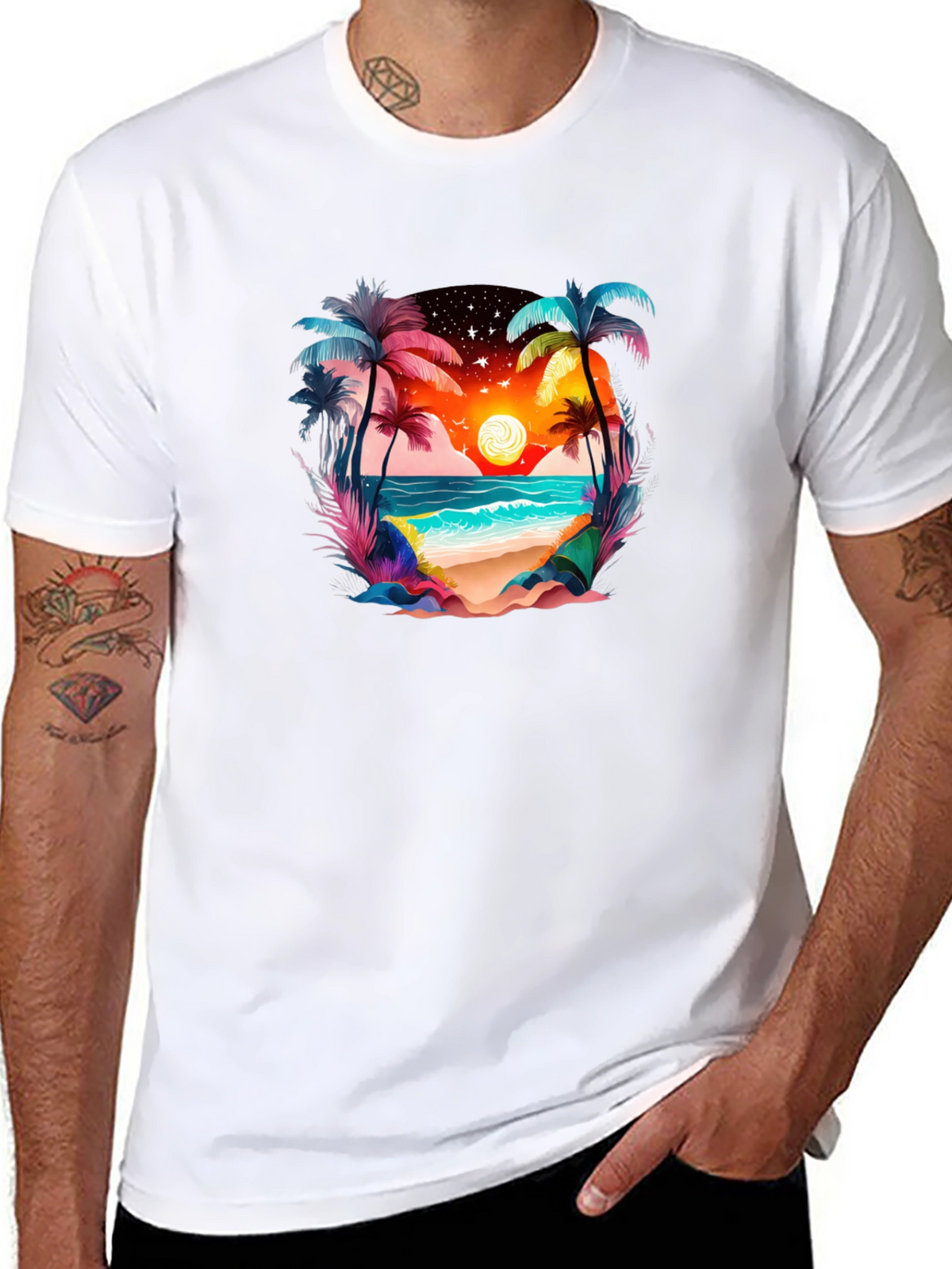 Tropical Beach Sunset Graphic Tee - Black