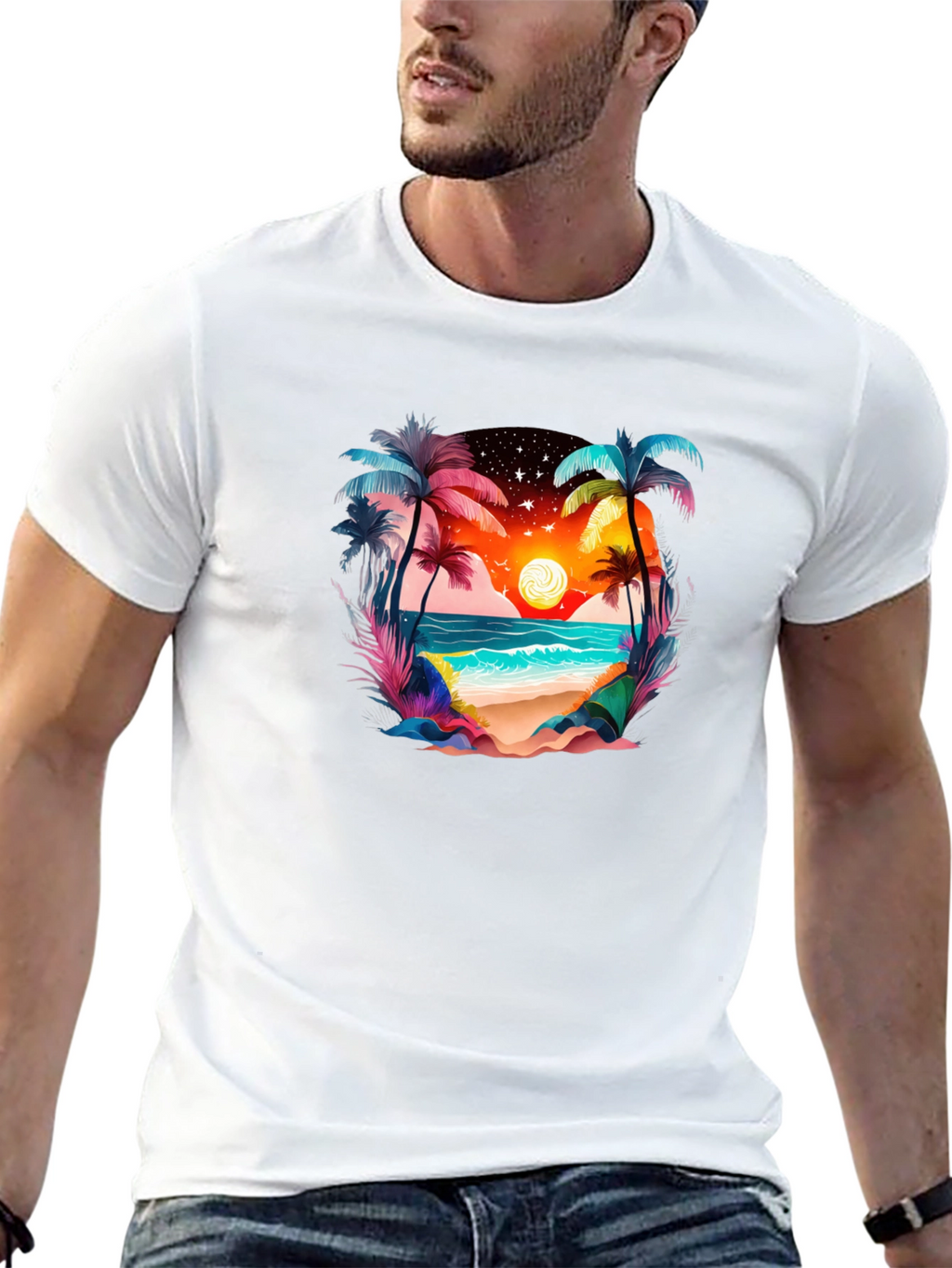Tropical Beach Sunset Graphic Tee - Black