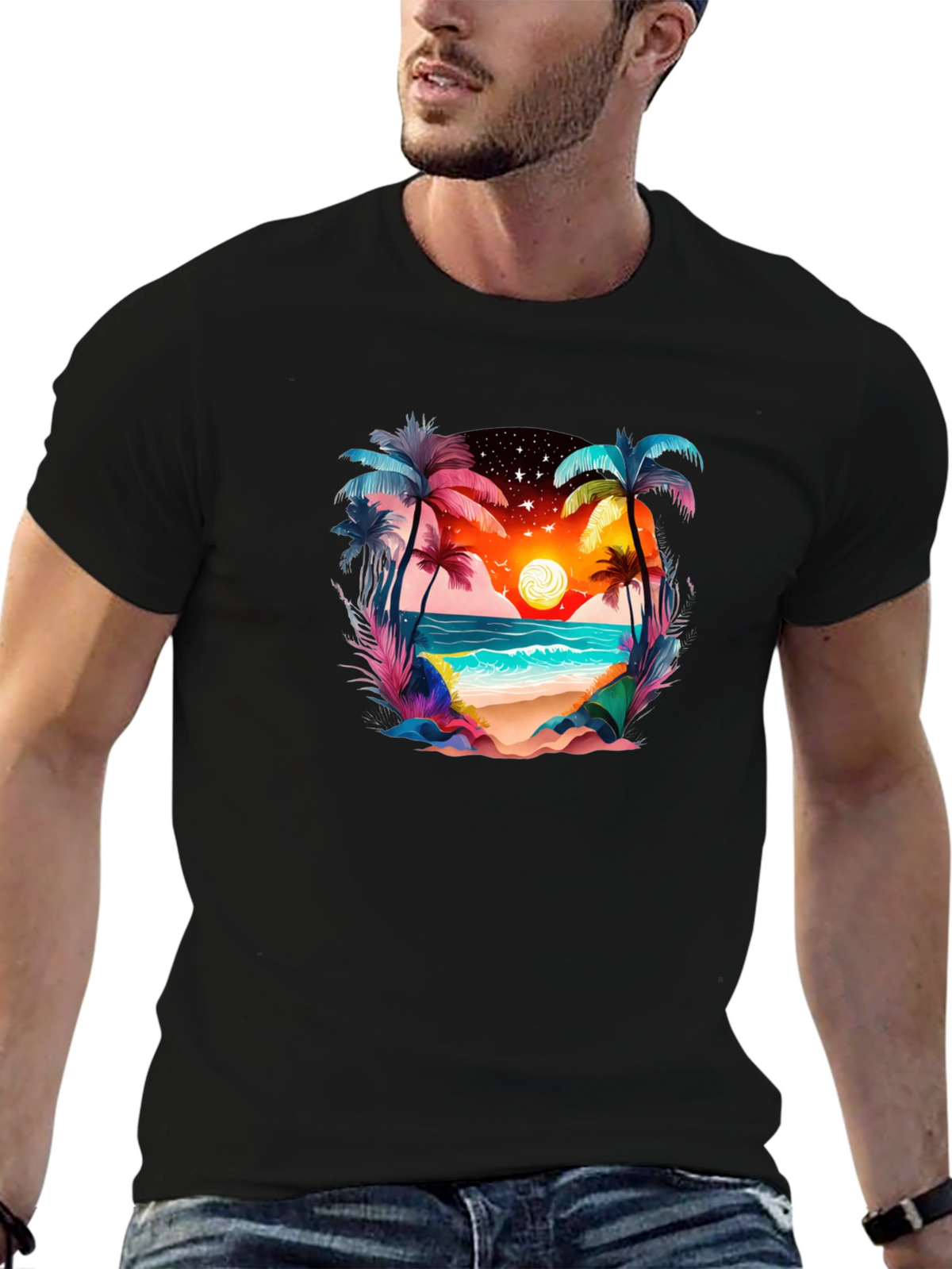 Tropical Beach Sunset Graphic Tee - Black